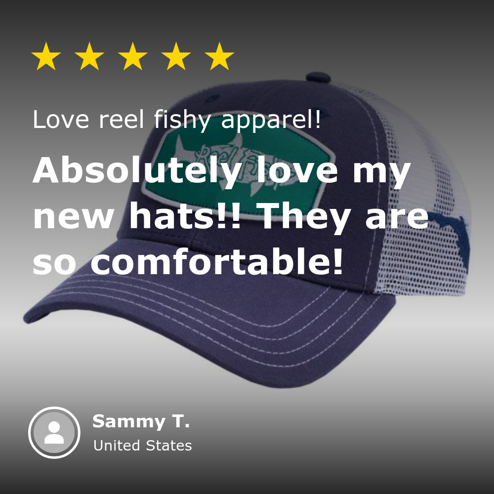 5 star review from Sammy for Reel Fishy tarpon patch trucker hat