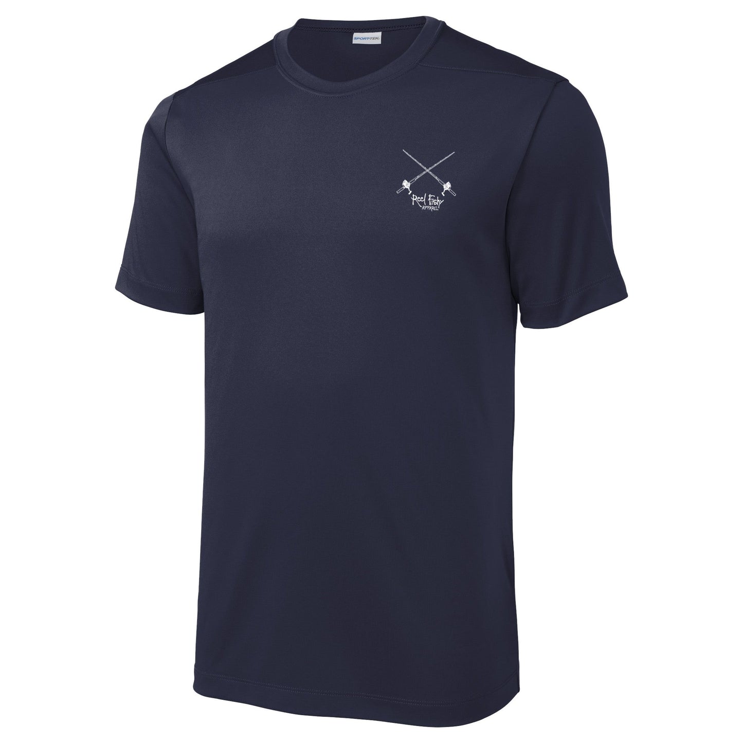 Reel Fishy "Reel Hawg" bass fishing navy short sleeve performance shirt with 50+ UV protection - salt rods front