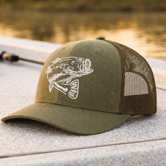 Bass olive trucker hat, Richardson 112 style on a boat
