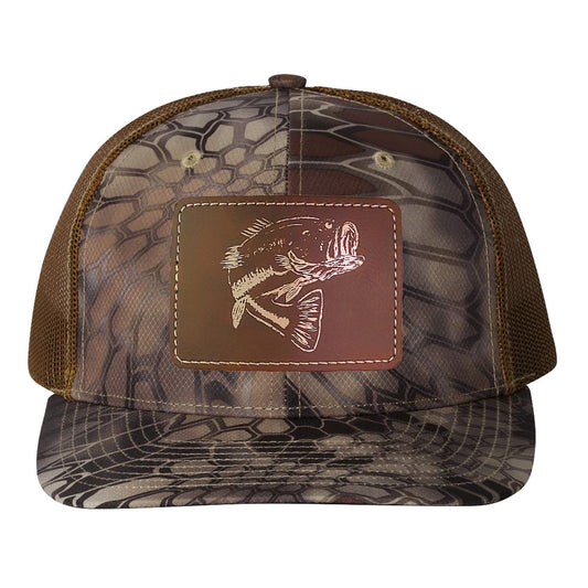 Reel Fishy Bass leather brown patch Richardson Kryptek Highland Buck camo trucker hat
