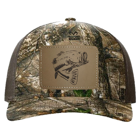 Reel Fishy Bass leather black patch Richardson Kryptek Realtree camo trucker hat