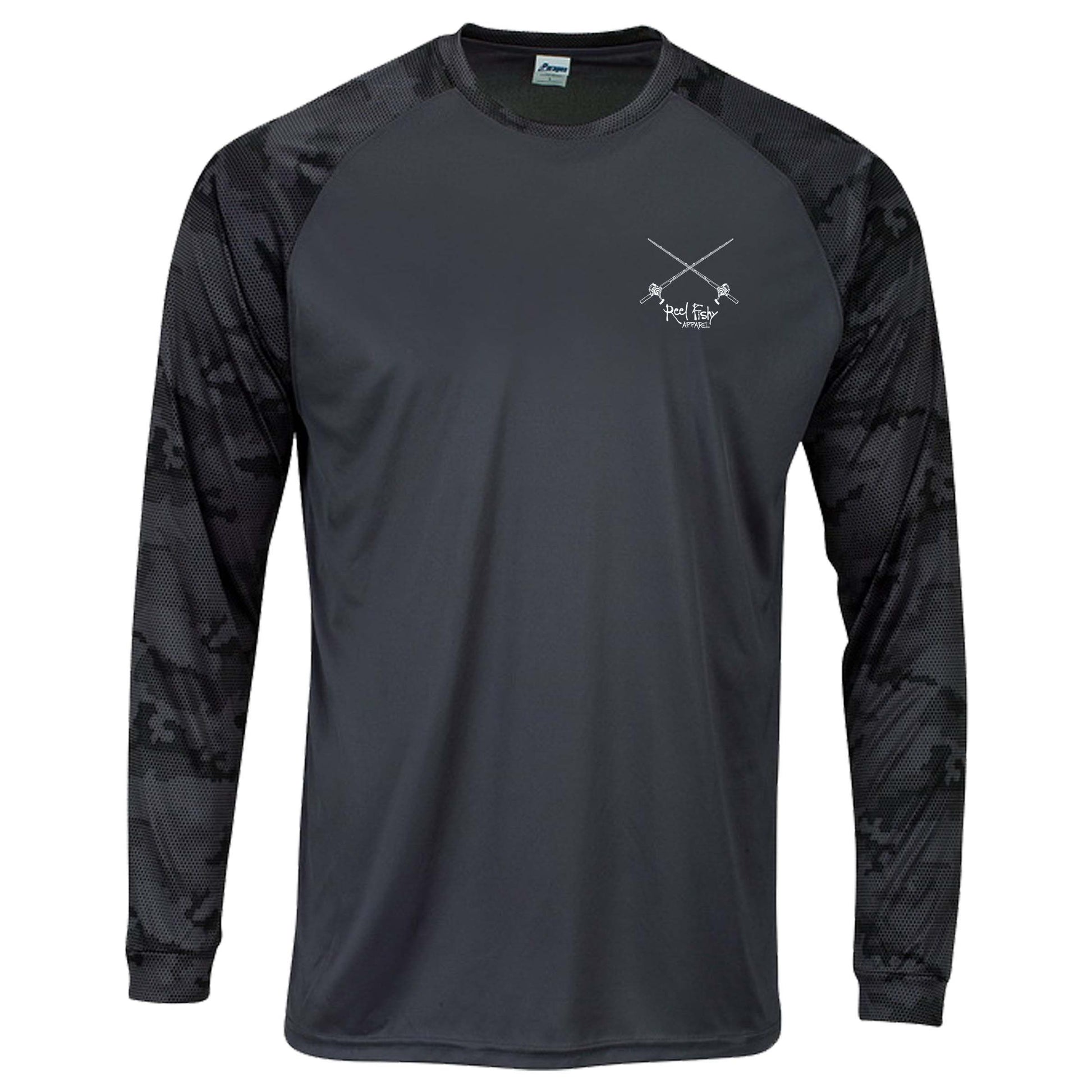 Front view of Reel Fishy "Reel Hawg" bass fishing graphite digital camo long sleeve performance shirt with Salt Rods logo and 50+ UV sun protection