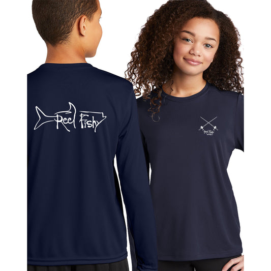 Youth Performance Dry-Fit Tarpon Fishing Shirts with Sun Protection by Reel Fishy Apparel - Long Sleeve Navy