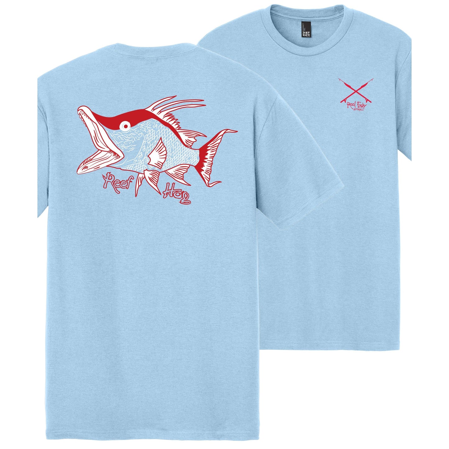 Hogfish "Reef Hog" light blue short sleeve cotton t-shirt with Reel Fishy Spears on Front