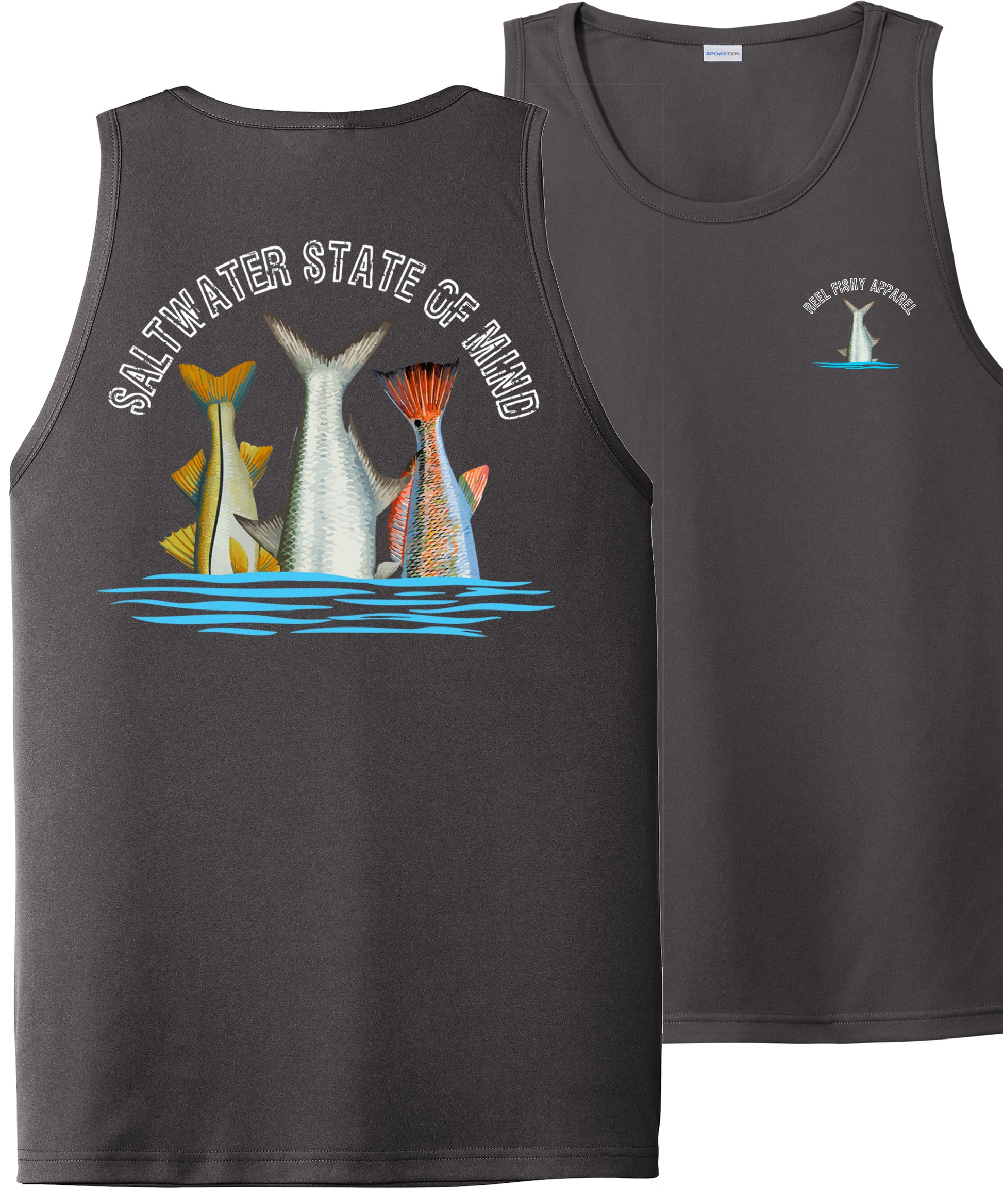 Men’s performance tank in charcoal featuring Inshore Slam fish tails and Saltwater State of Mind slogan