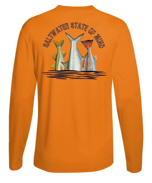 Inshore Slam performance UPF 50 long sleeve fishing shirt in neon orange with Redfish, Tarpon, and Snook tail design