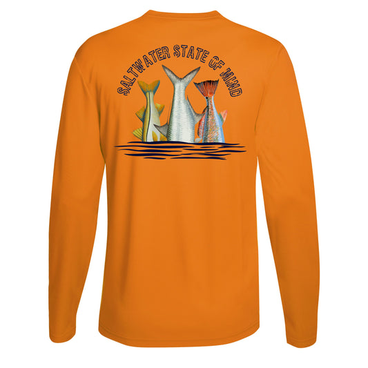 Inshore Slam performance UPF 50 long sleeve fishing shirt in neon orange with Redfish, Tarpon, and Snook tail design