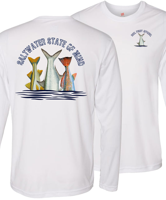Inshore Slam performance UPF 50 long sleeve fishing shirt in white with Redfish, Tarpon, and Snook tail design
