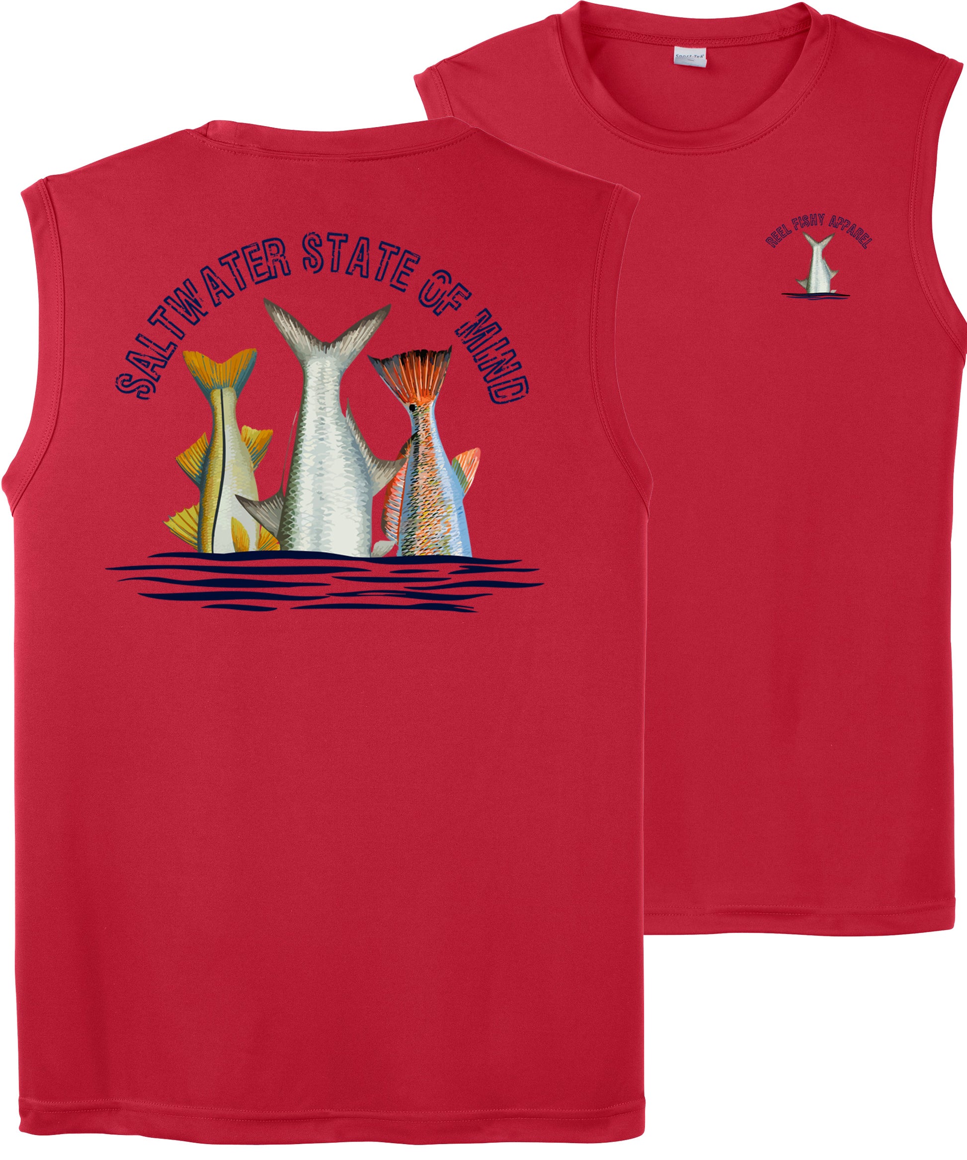 Men’s performance tank in red featuring Inshore Slam fish tails and Saltwater State of Mind slogan