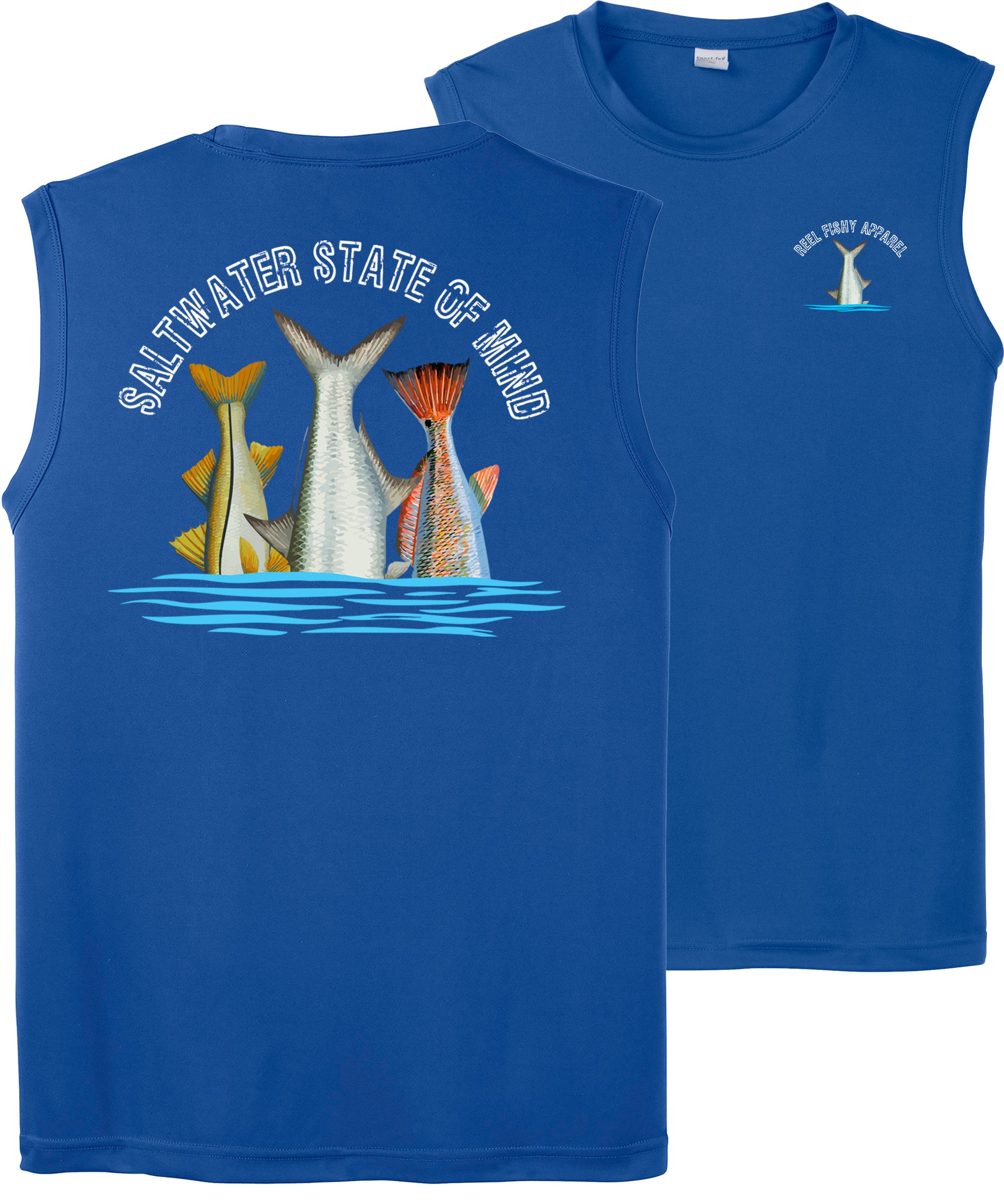 Men’s performance tank in royal blue featuring Inshore Slam fish tails and Saltwater State of Mind slogan