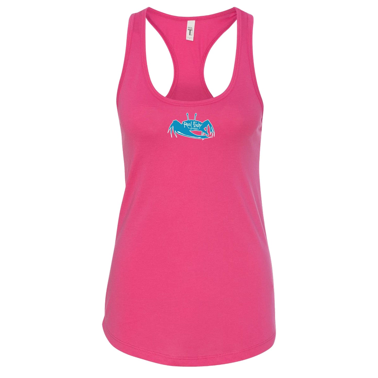 Women's pink racerback tank top with fiddler crab design on the back, Reel Fishy fiddler crab logo on front