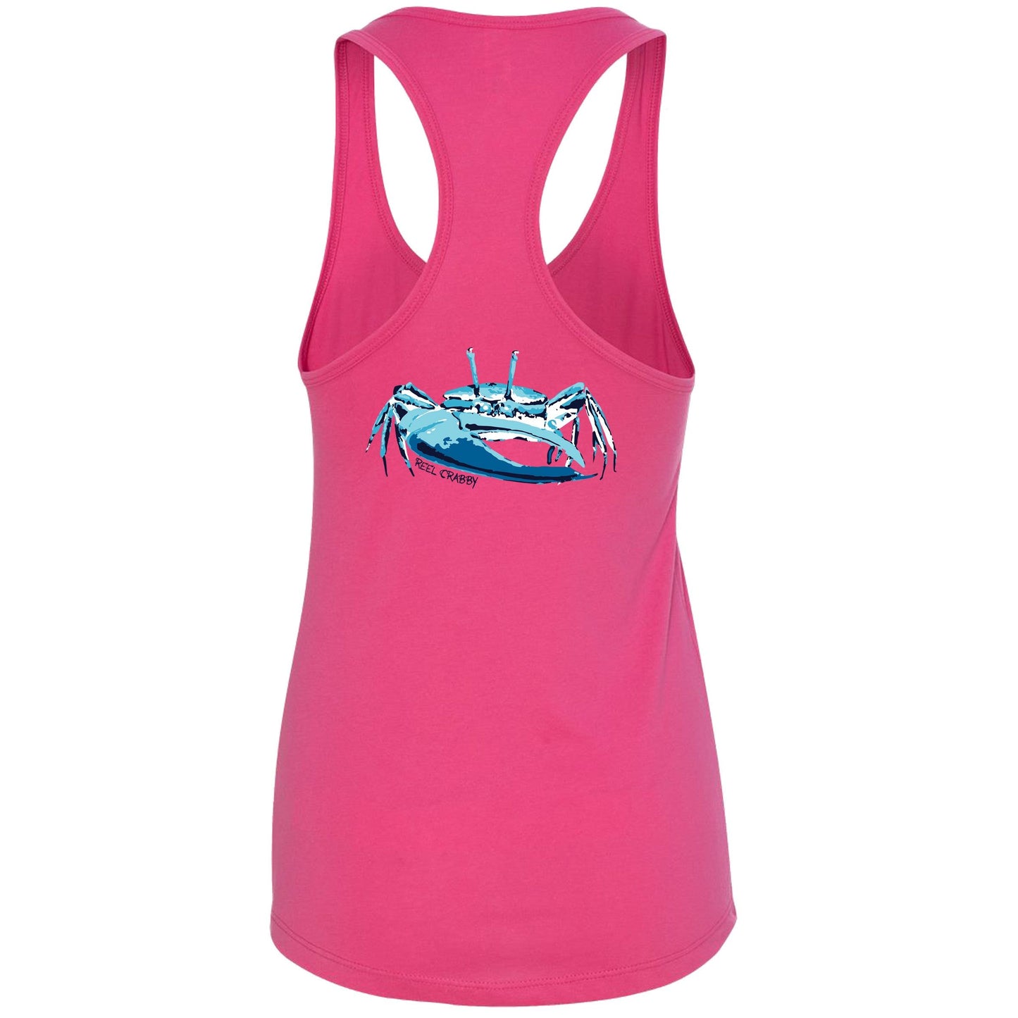 Women's pink racerback tank top with fiddler crab design on the back, Reel Fishy fiddler crab logo on front