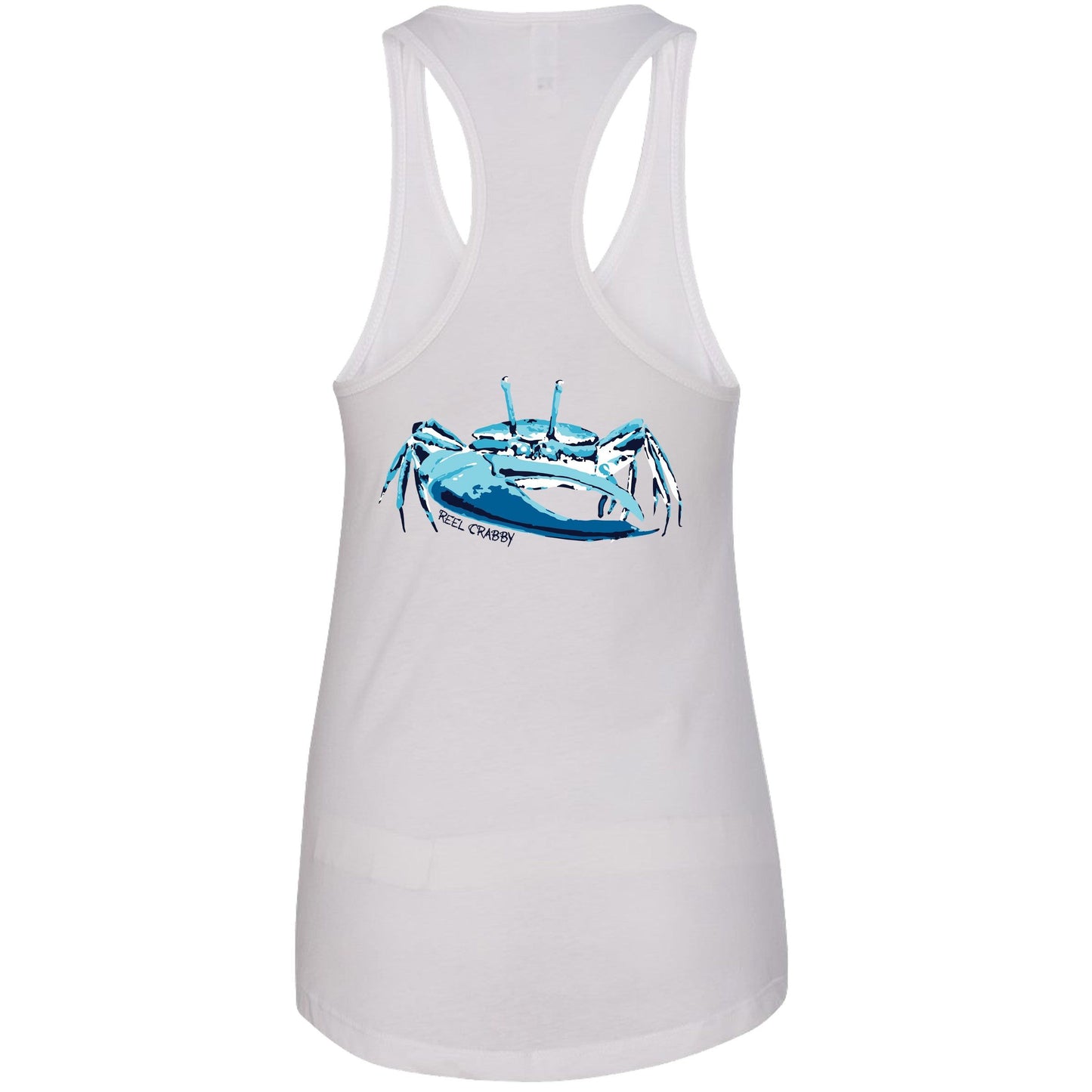 Women's white racerback tank top with fiddler crab design on the back, Reel Fishy fiddler crab logo on front