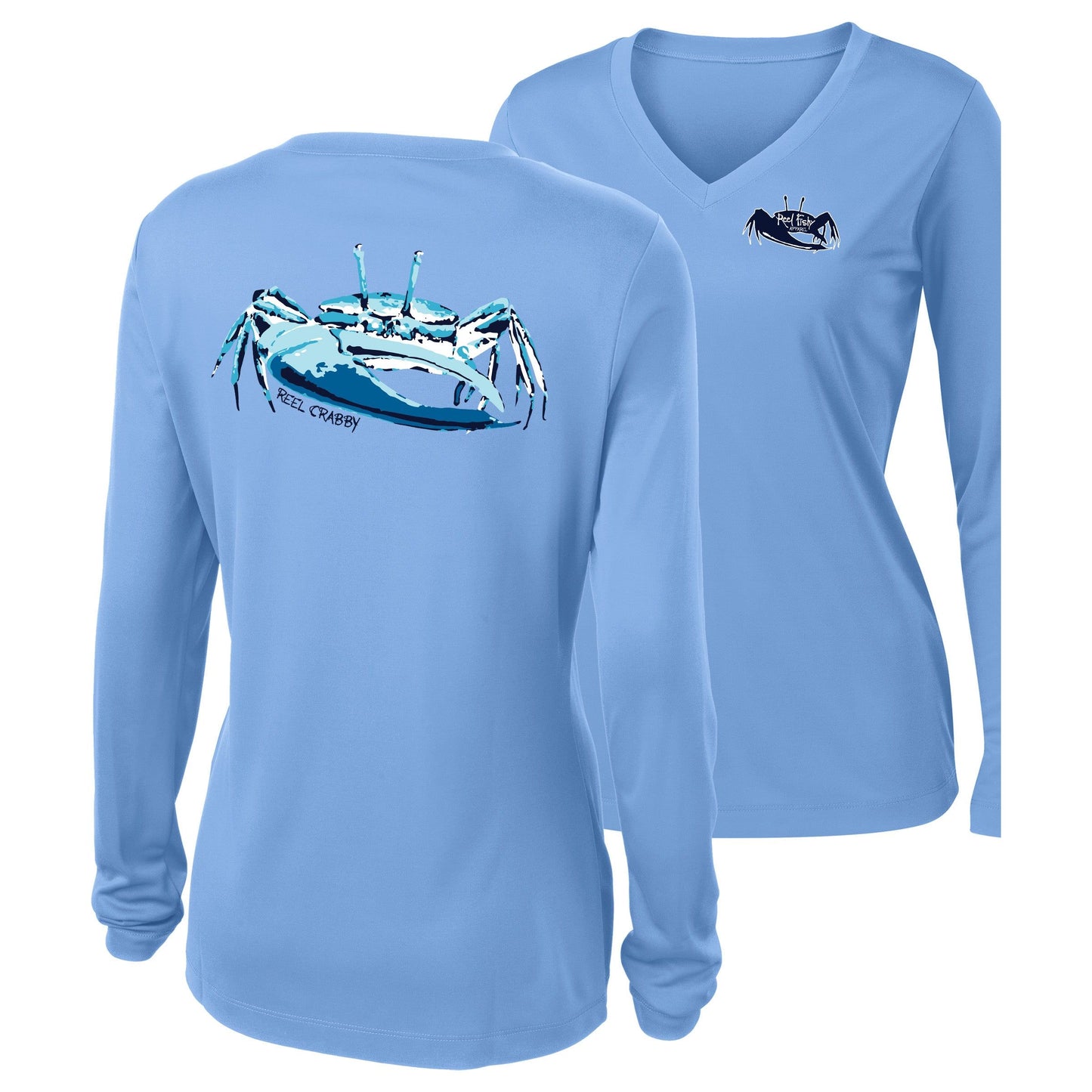 Women’s light blue long sleeve performance sun shirt, V-neck, fiddler crab design on back, and Reel Fishy fiddler crab logo on front