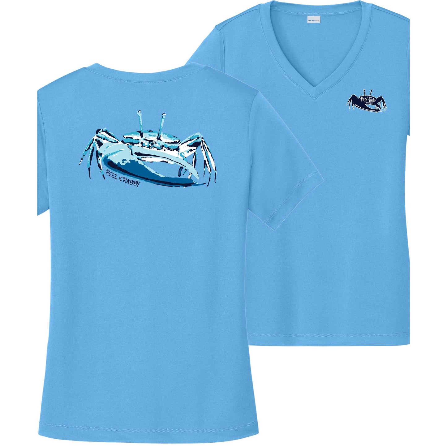Women’s light blue short sleeve performance sun shirt, V-neck, fiddler crab design on back, and Reel Fishy fiddler crab logo on front
