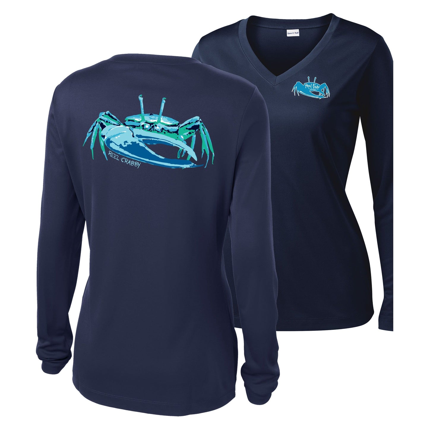 Women’s navy long sleeve performance sun shirt, V-neck, fiddler crab design on back, and Reel Fishy fiddler crab logo on front