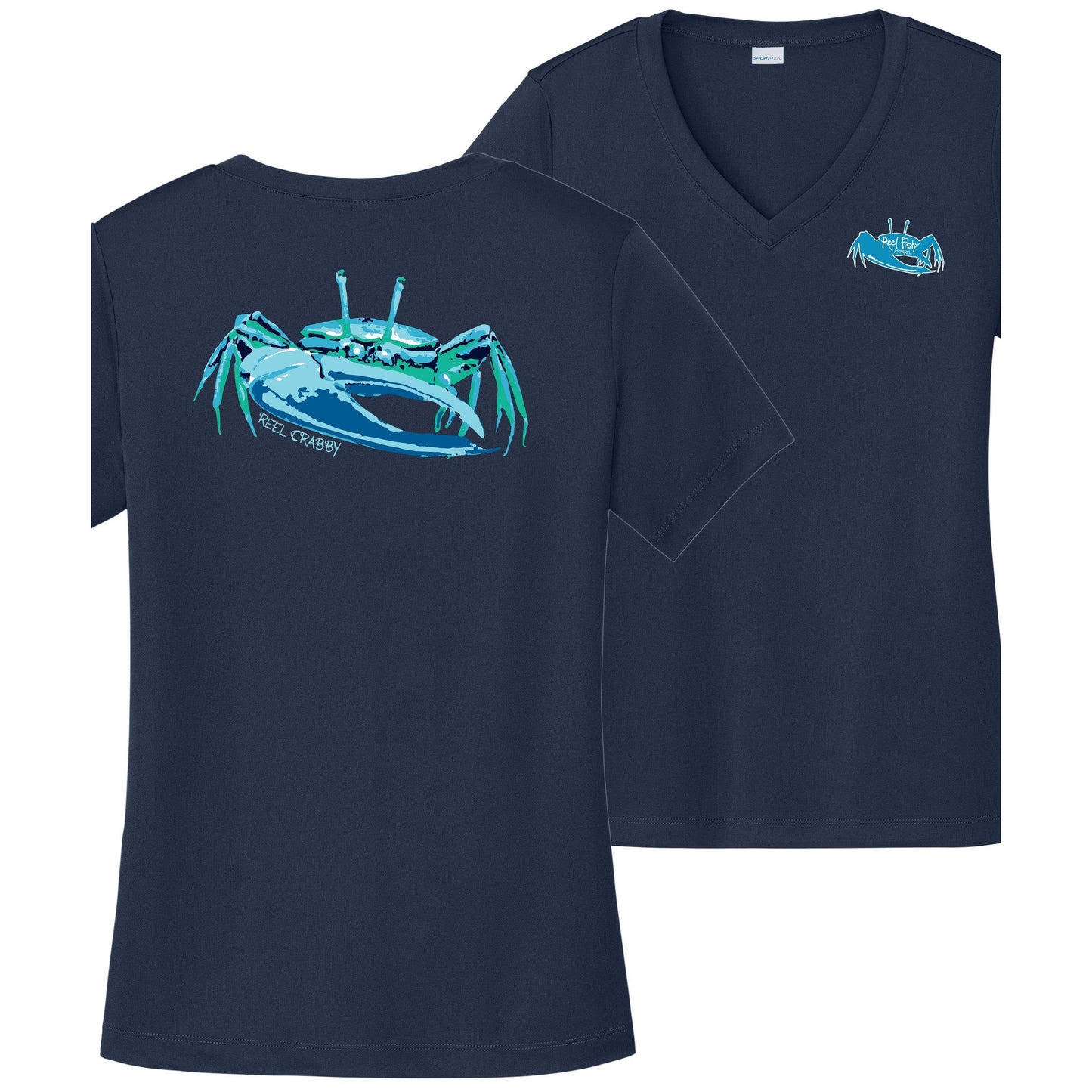 Women’s navy short sleeve performance sun shirt, V-neck, fiddler crab design on back, and Reel Fishy fiddler crab logo on front