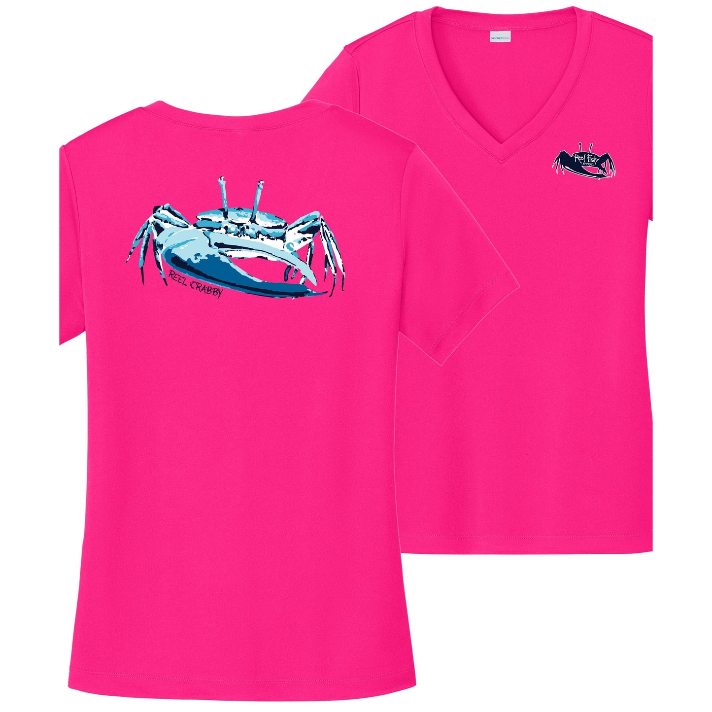 Women’s pink short sleeve performance sun shirt, V-neck, fiddler crab design on back, and Reel Fishy fiddler crab logo on front