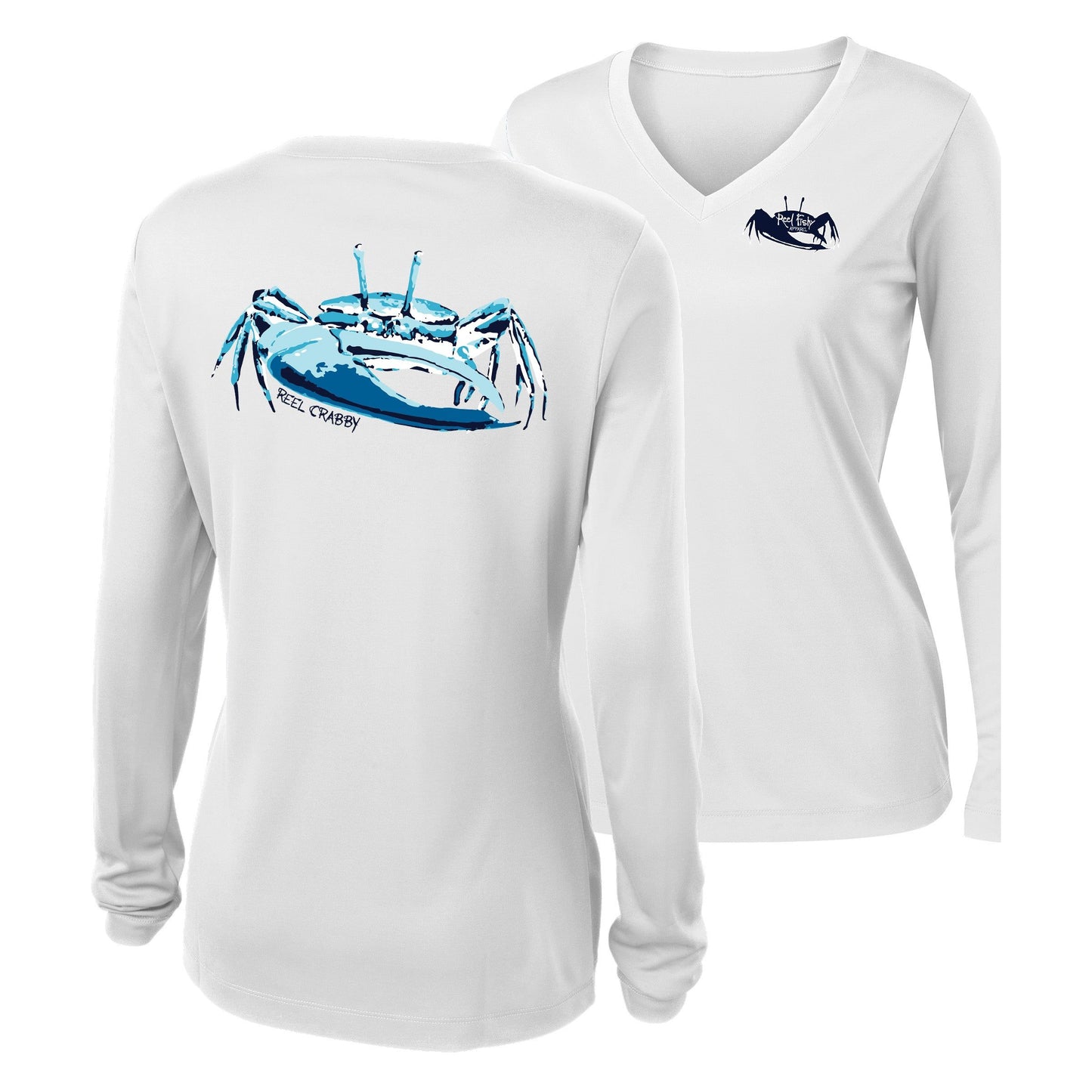 Women’s white long sleeve performance sun shirt, V-neck, fiddler crab design on back, and Reel Fishy fiddler crab logo on front