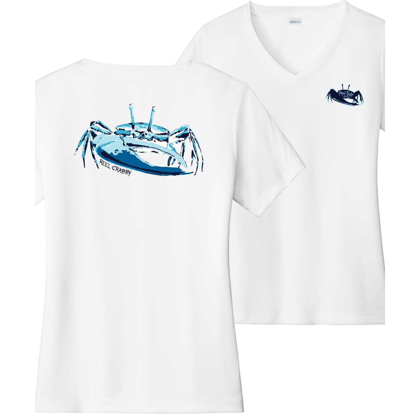 Women’s white short sleeve performance sun shirt, V-neck, fiddler crab design on back, and Reel Fishy fiddler crab logo on front