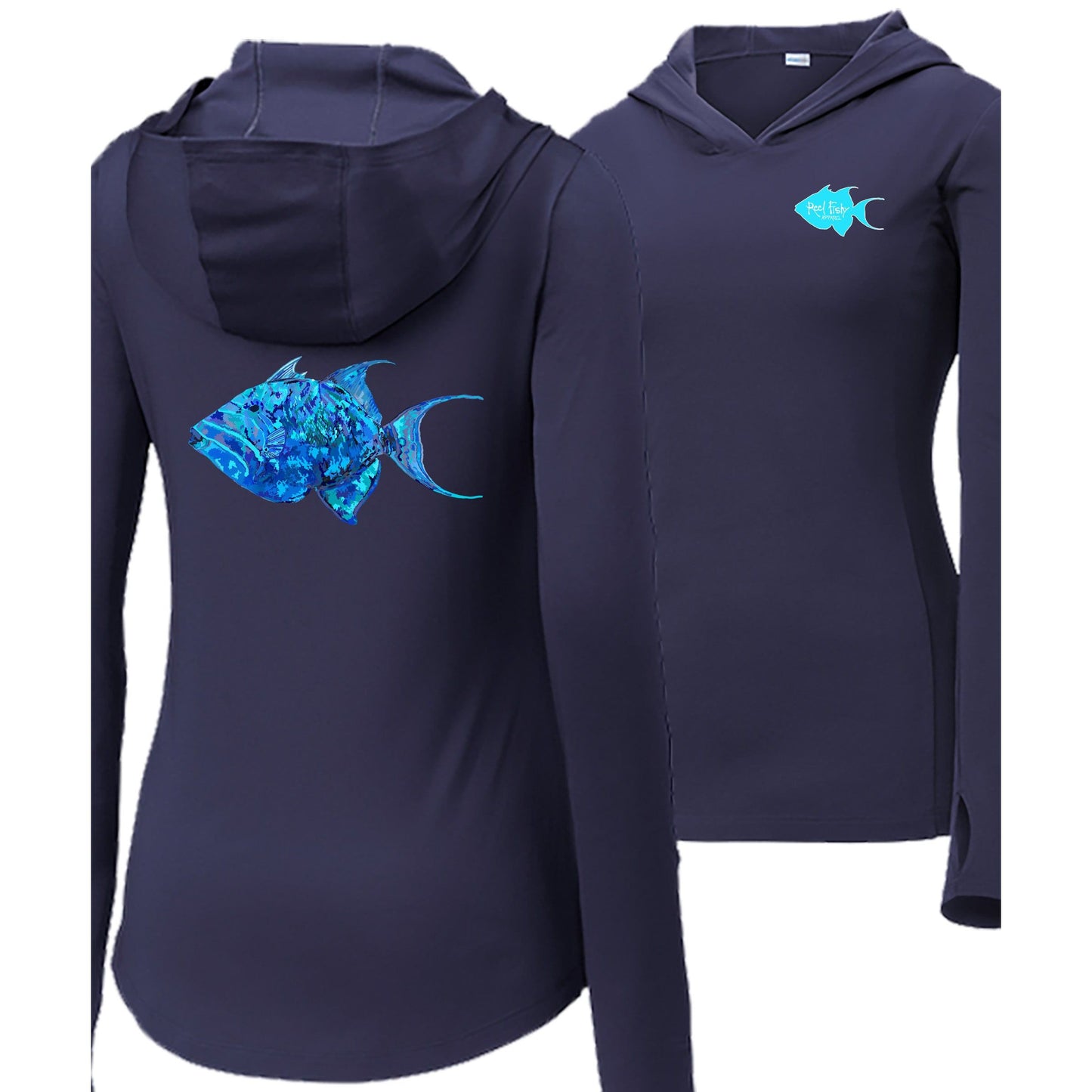 Women’s navy long sleeve performance hoodie, thumb holes, colorful triggerfish design, and Reel Fishy Triggerfish logo on front.