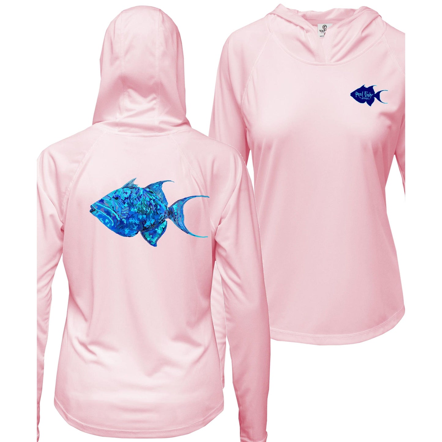 Women’s pink long sleeve performance hoodie, thumb holes, colorful triggerfish design, and Reel Fishy Triggerfish logo on front.