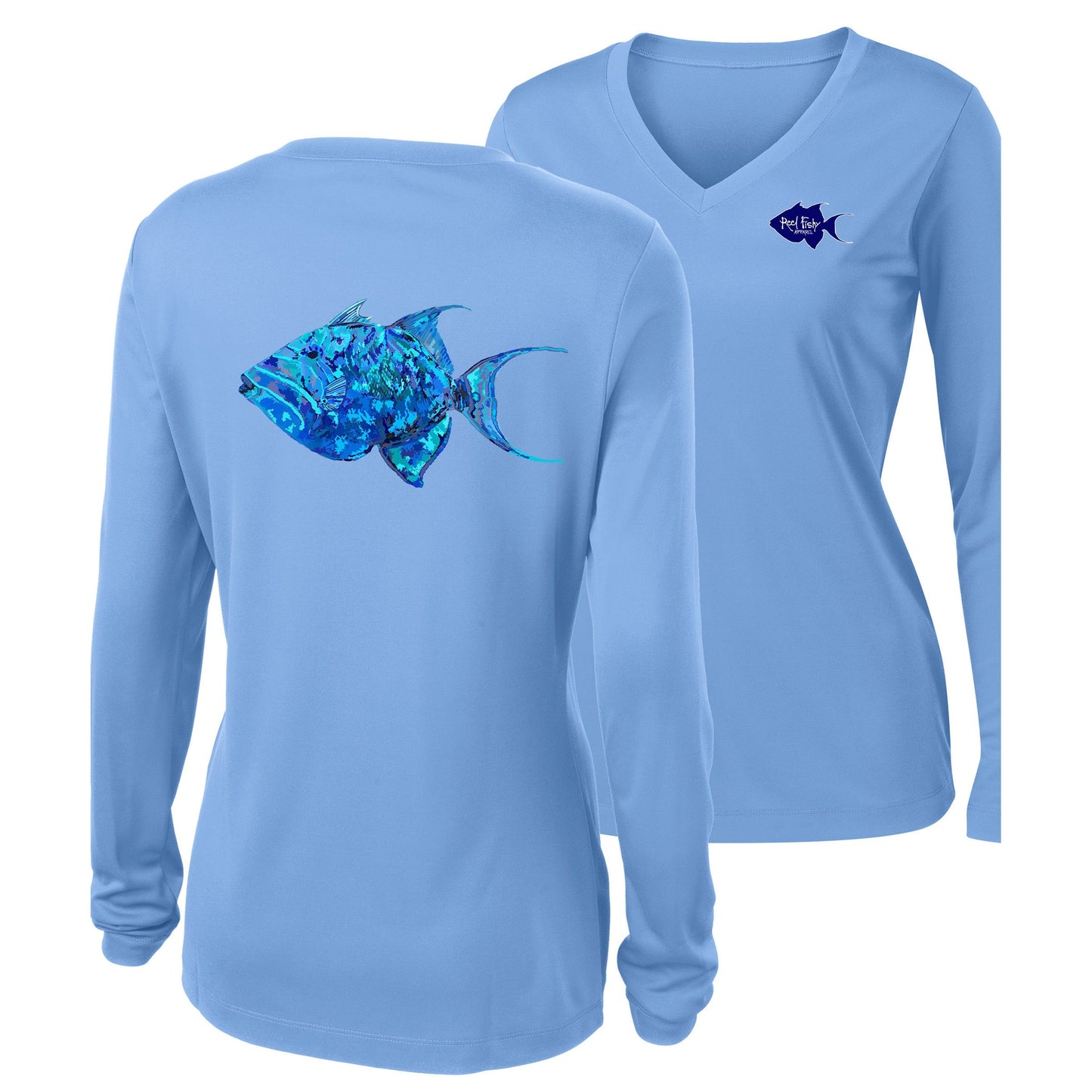 Women’s light blue V-neck long sleeve performance shirt, colorful triggerfish design on back, Reel Fishy logo on front.