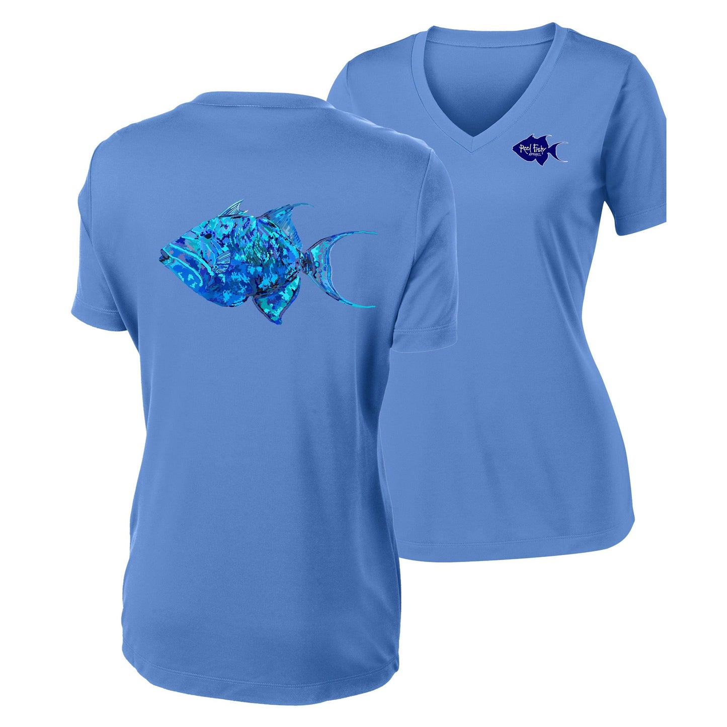 Women’s blue V-neck short sleeve performance shirt, colorful triggerfish design on back, Reel Fishy logo on front.