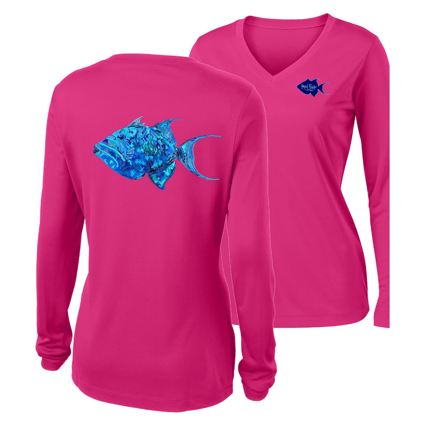 Women’s pink V-neck long sleeve performance shirt, colorful triggerfish design on back, Reel Fishy logo on front.