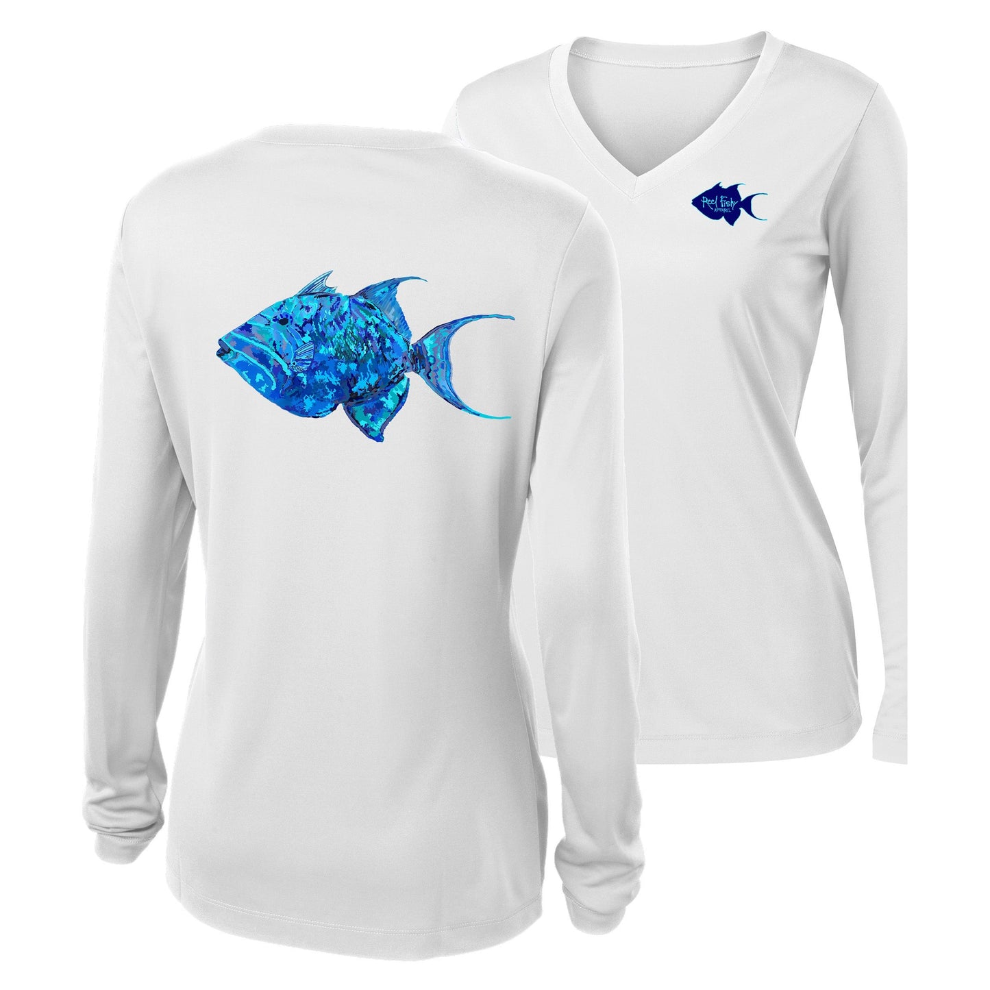 Women’s white V-neck long sleeve performance shirt, colorful triggerfish design on back, Reel Fishy logo on front.