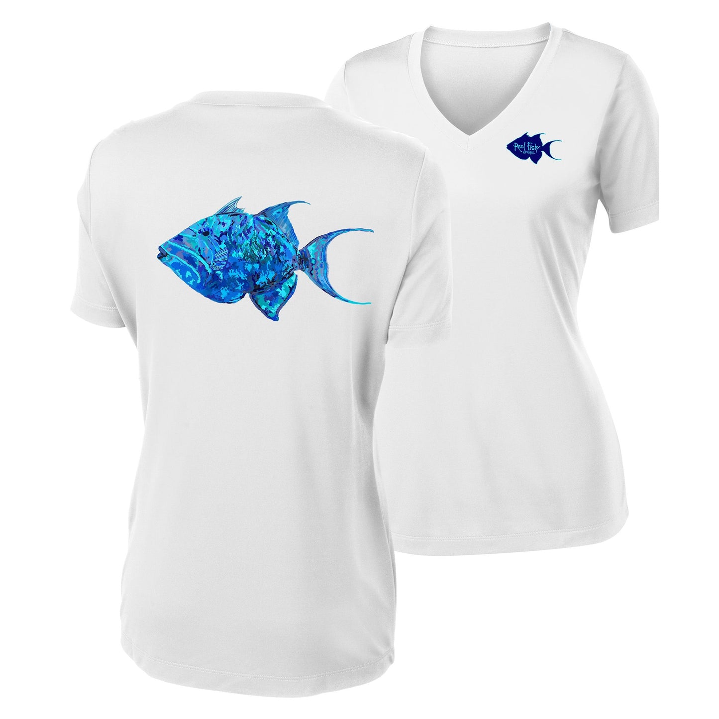 Women’s white V-neck short sleeve performance shirt, colorful triggerfish design on back, Reel Fishy logo on front.
