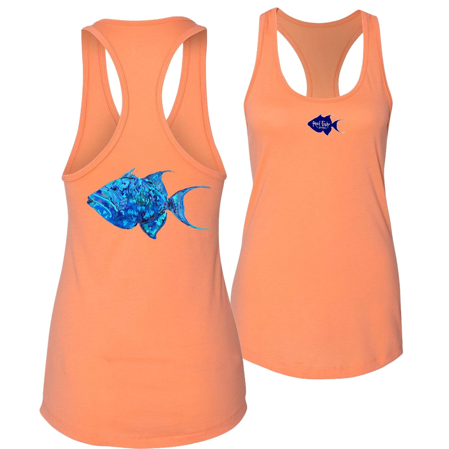 Women's light orange racerback tank top with colorful triggerfish design, Reel Fishy triggerfish logo on front, lightweight cotton blend fabric