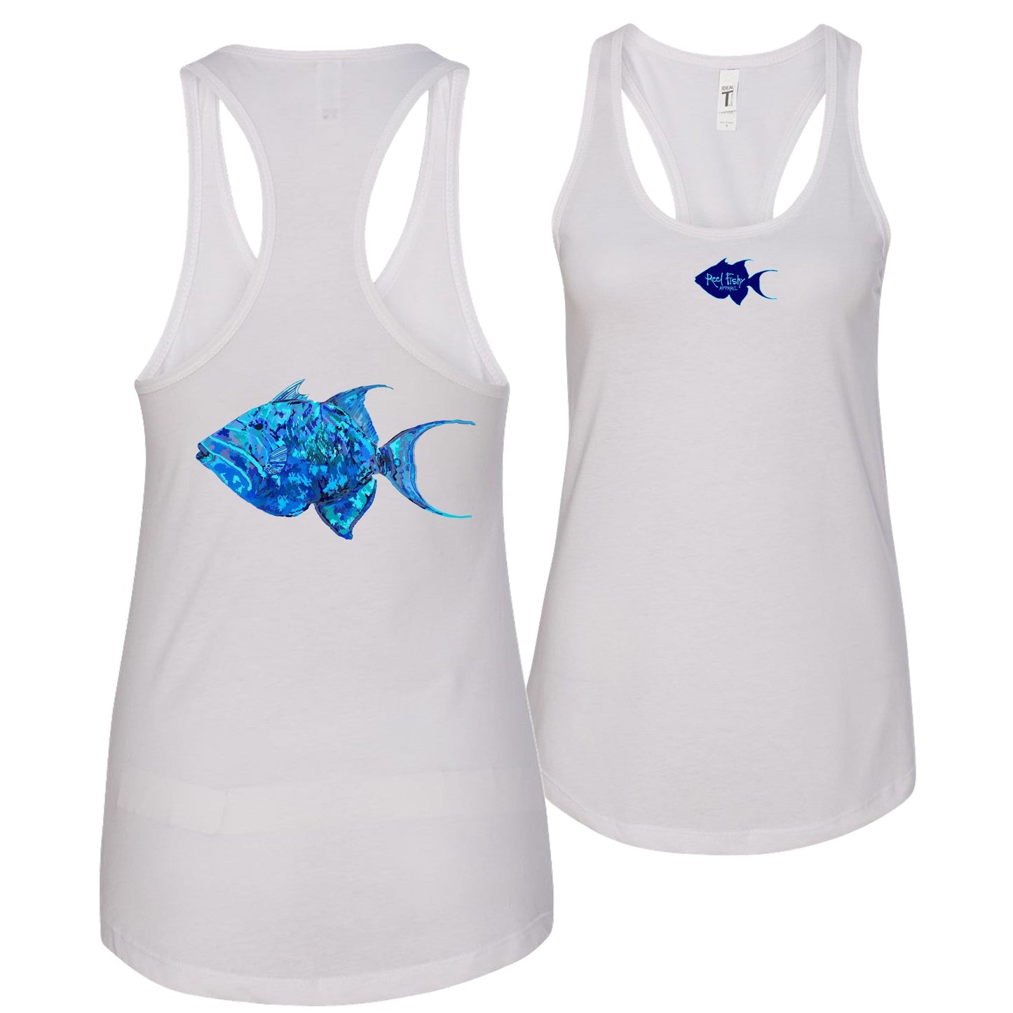 Women's white racerback tank top with colorful triggerfish design, Reel Fishy triggerfish logo on front, lightweight cotton blend fabric