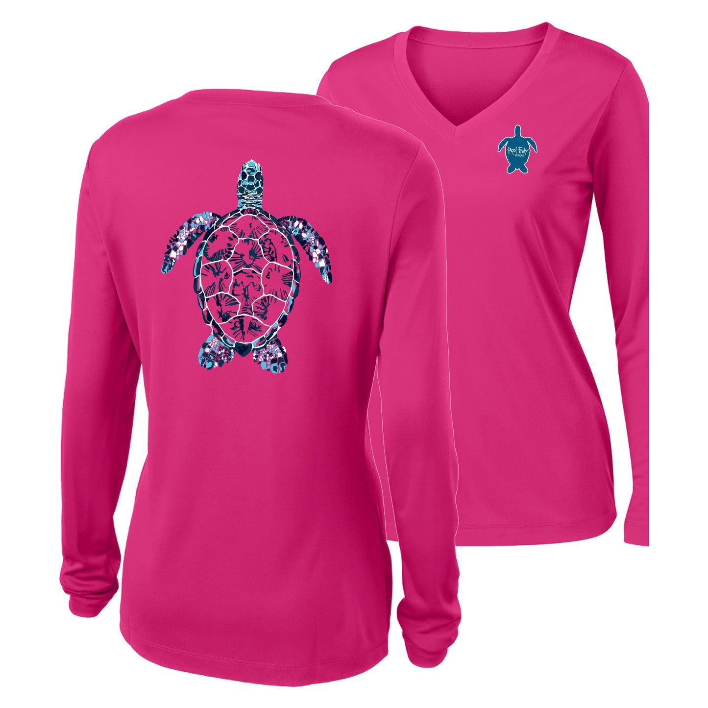 Women’s pink long sleeve performance shirt, V-neck, colorful turtle design on back, and Reel Fishy turtle logo on front