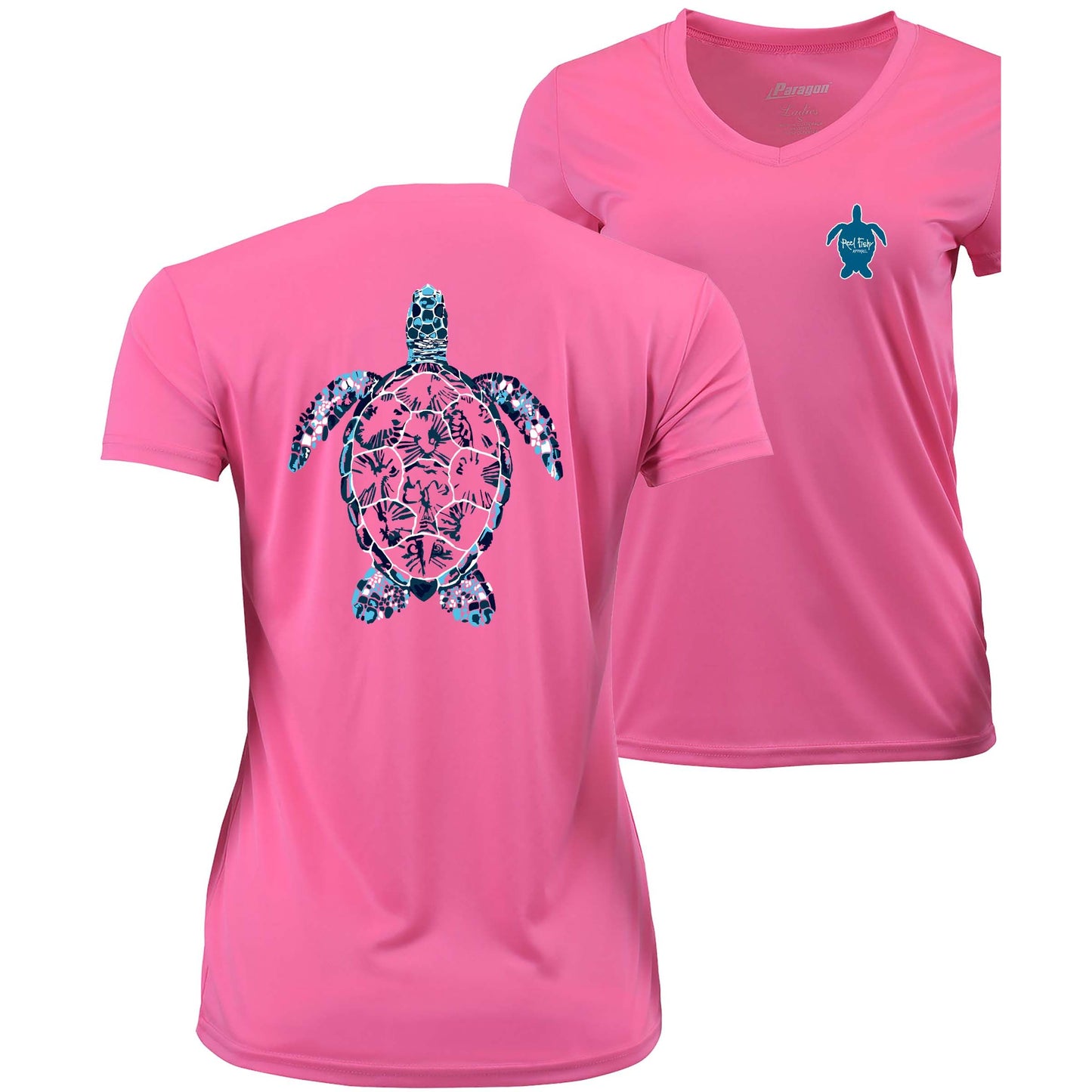 Women’s pink short sleeve performance shirt, V-neck, colorful turtle design on back, and Reel Fishy turtle logo on front
