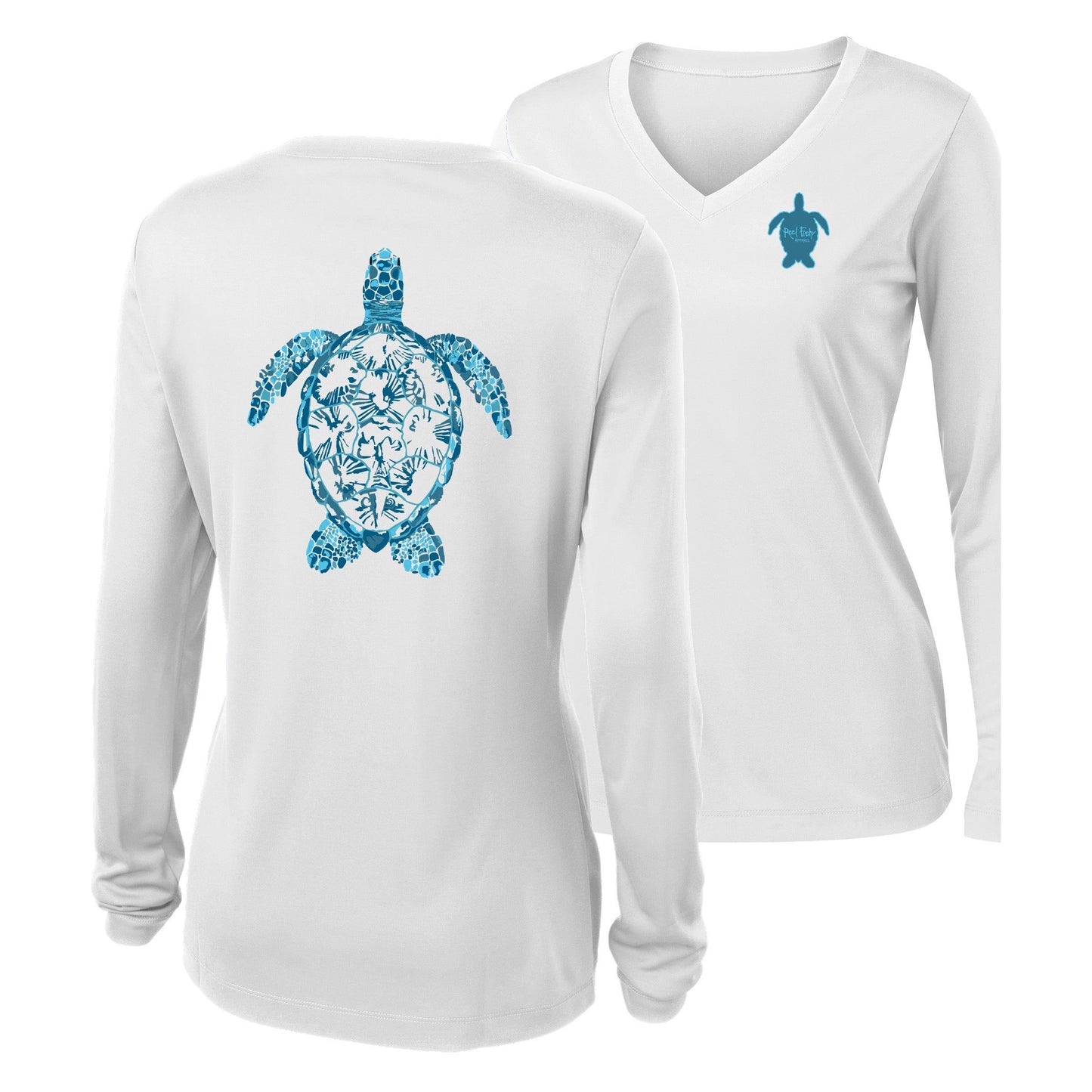 Women’s white long sleeve performance shirt, V-neck, colorful turtle design on back, and Reel Fishy turtle logo on front