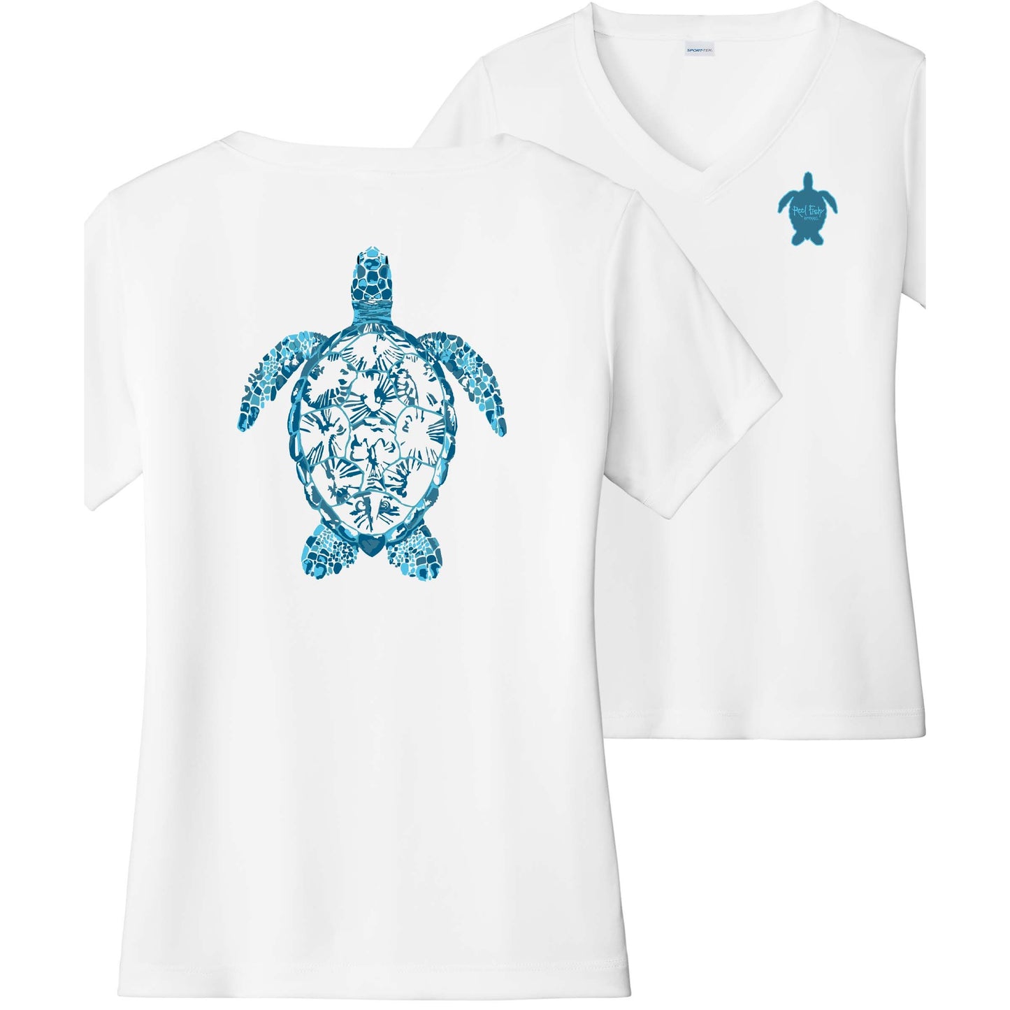 Women’s white short sleeve performance shirt, V-neck, colorful turtle design on back, and Reel Fishy turtle logo on front