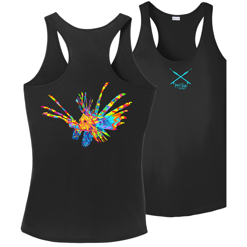Black Women’s Dri-Fit Racerback Tank with Colorful Lionfish Logo