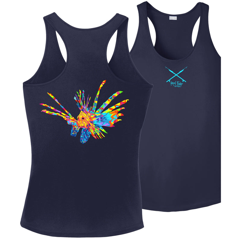 Navy Women’s Dri-Fit Racerback Tank with Colorful Lionfish Logo