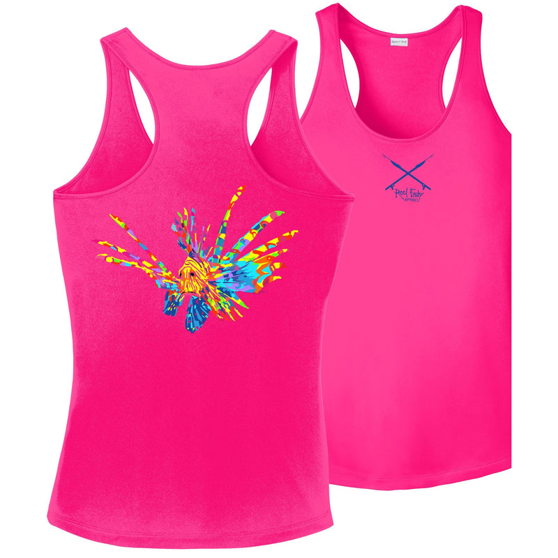 Pink Women’s Dri-Fit Racerback Tank with Colorful Lionfish Logo