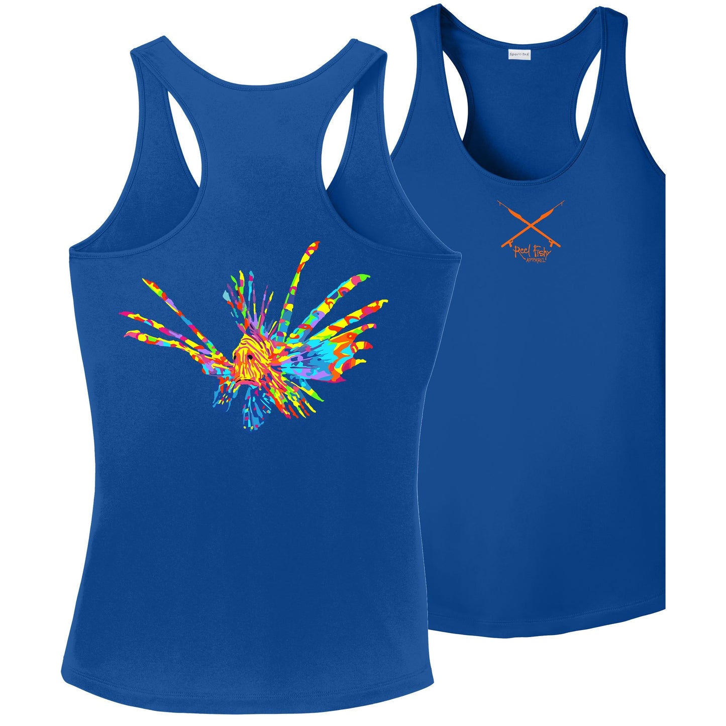 Royal Blue Women’s Dri-Fit Racerback Tank with Colorful Lionfish Logo