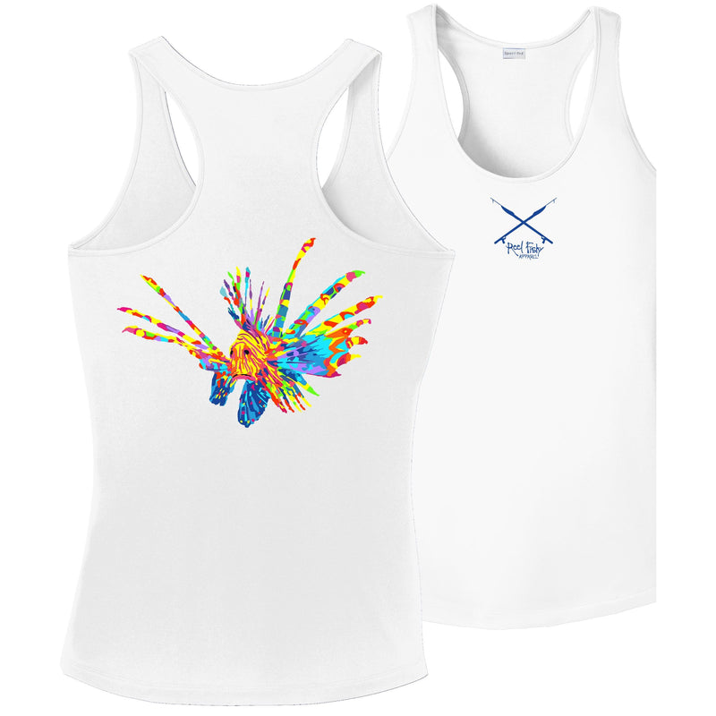 White Women’s Dri-Fit Racerback Tank with Colorful Lionfish Logo