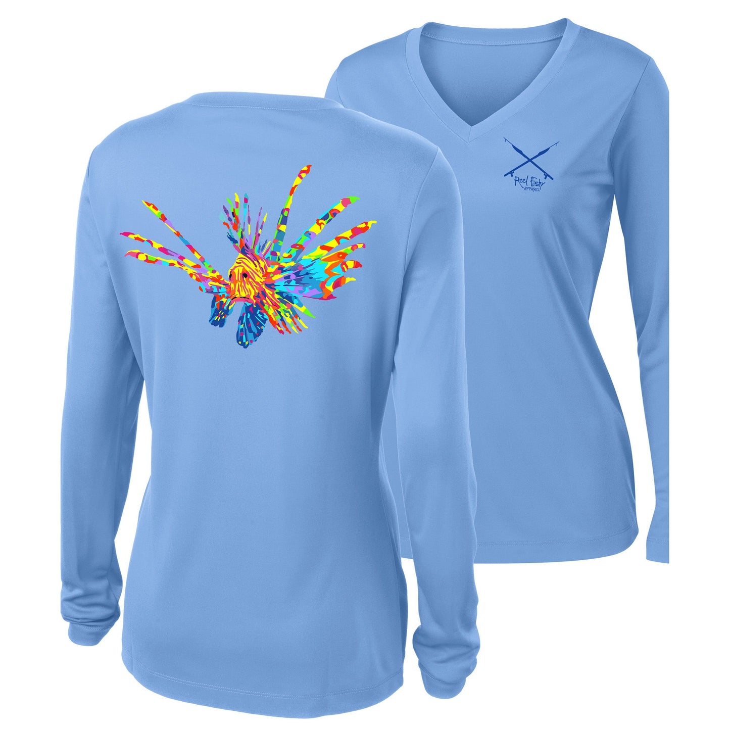 Women's light blue long sleeve performance shirt featuring a vibrant, full-color Lionfish design.