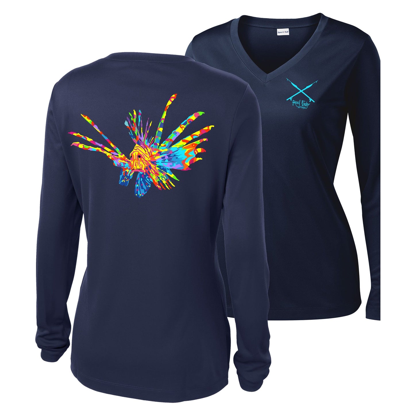 Women's navy long sleeve performance shirt featuring a vibrant, full-color Lionfish design.