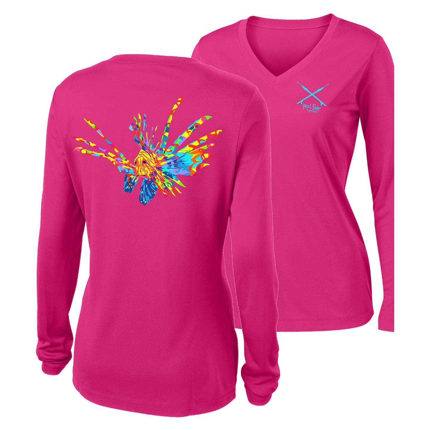 Women's pink long sleeve performance shirt featuring a vibrant, full-color Lionfish design.