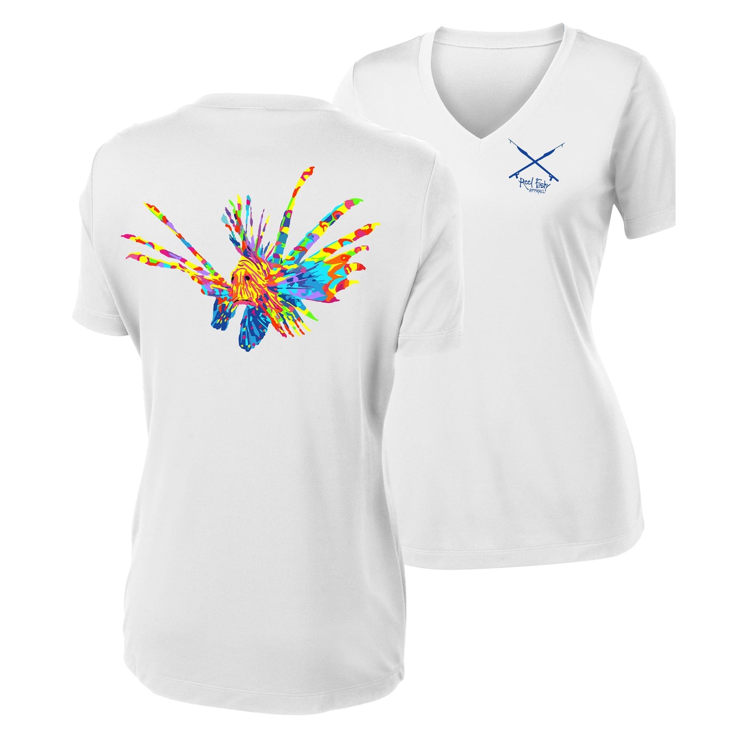 Women's white short sleeve performance shirt featuring a vibrant, full-color Lionfish design.