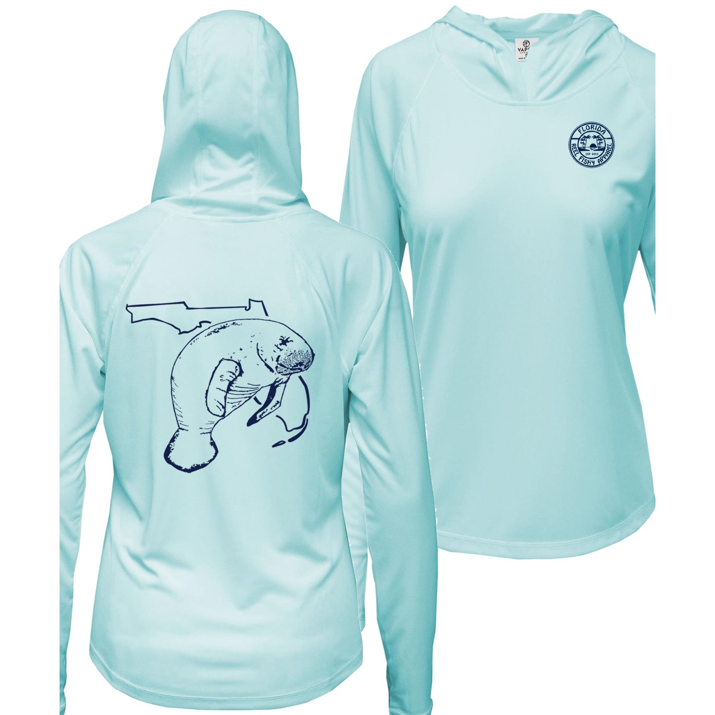 Women's light blue long sleeve performance hoodie with Florida Manatee design, thumb holes, and Reel Fishy logo on the front
