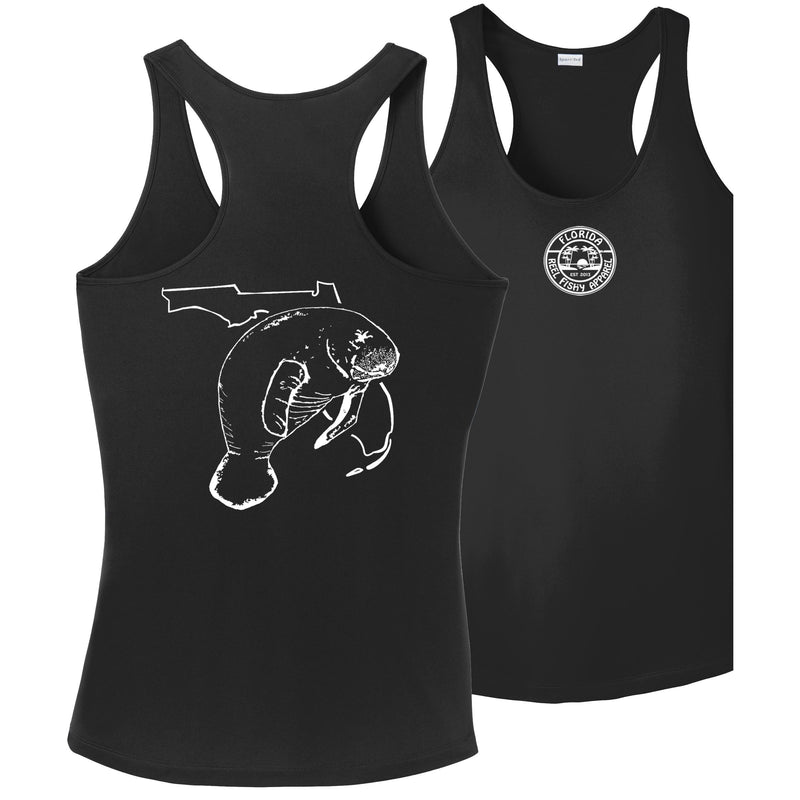 Women's Black Racerback Tank with Florida Manatee Logo by Reel Fishy Apparel
