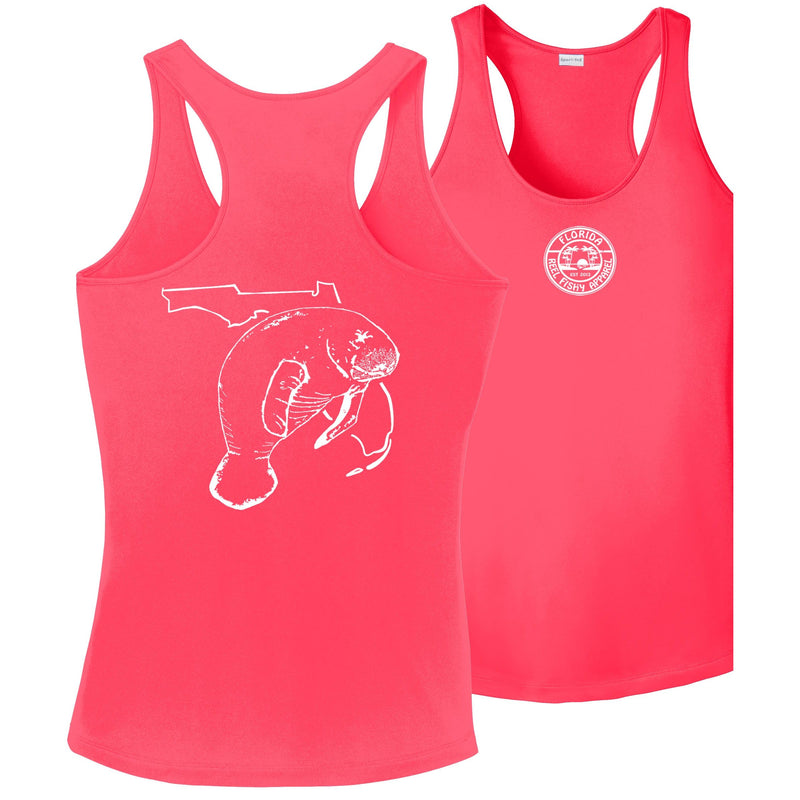 Women's Coral Racerback Tank with Florida Manatee Logo by Reel Fishy Apparel