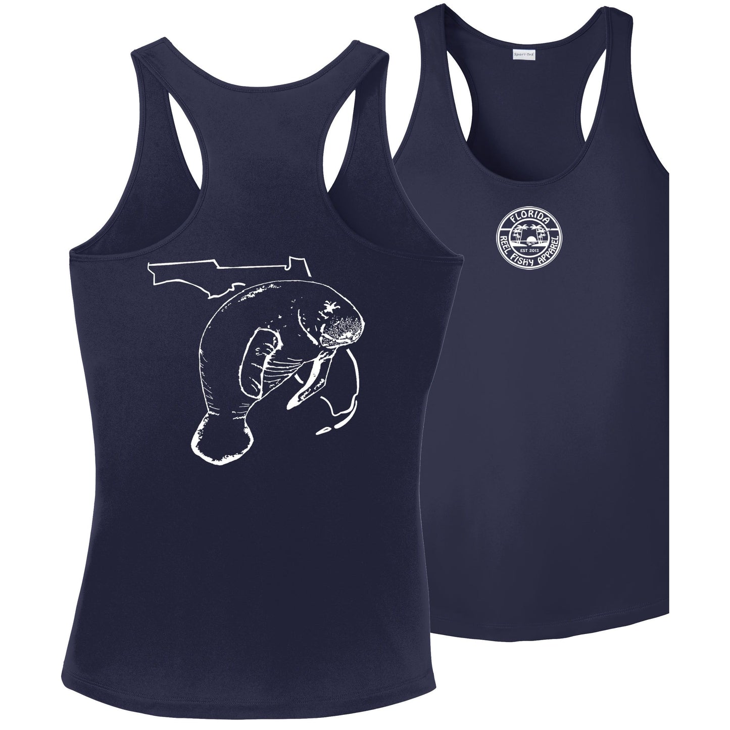 Women's Navy Racerback Tank with Florida Manatee Logo by Reel Fishy Apparel